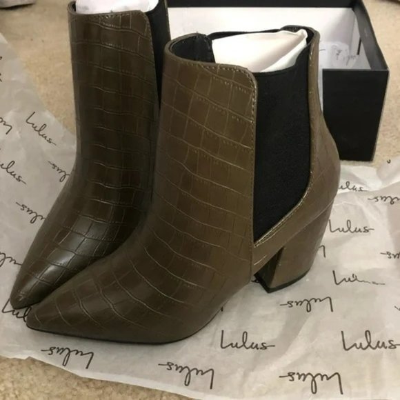 NWB Lulus Cecy Khaki Croc Ankle Boots - Picture 5 of 12